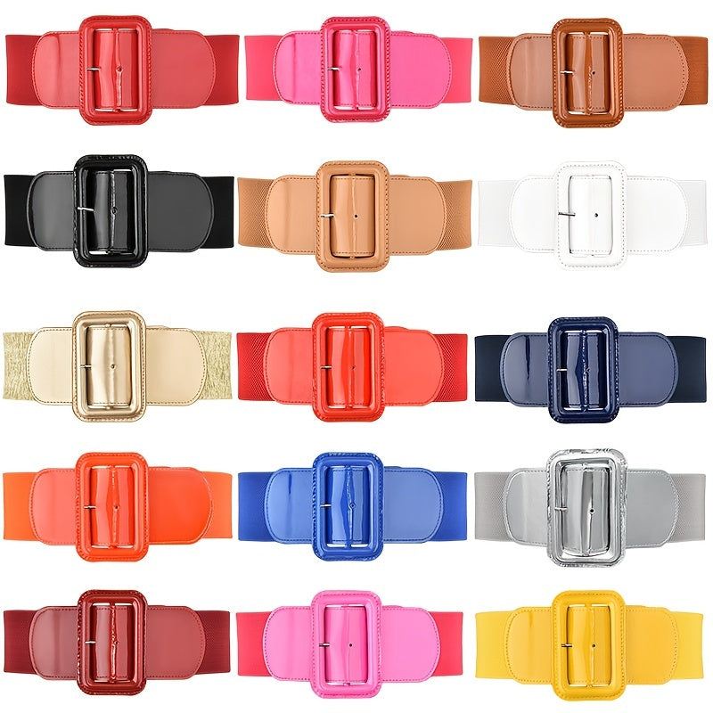 Women's Colorful Candy-Hued Wide Belts with Square Pin Buckle and Decorative Accents