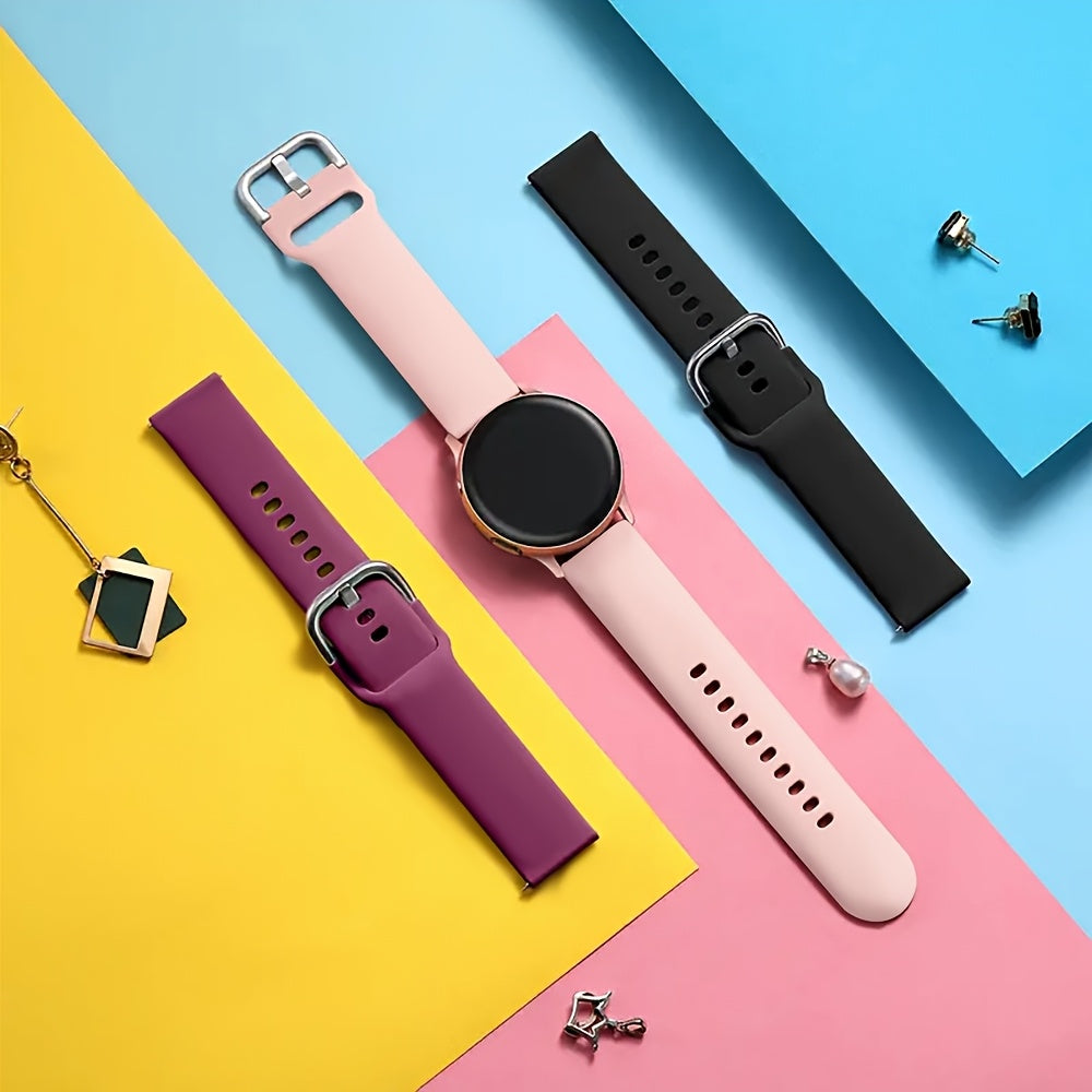 Klassik bir rangli silikon soat to'plami, turli Samsung Galaxy Watch modellari, jumladan Active 2, Watch 5 Pro va Watch 6 Classic bilan mos keladigan qora kamar bilan. 20mm yumshoqni o'z ichiga oladi.