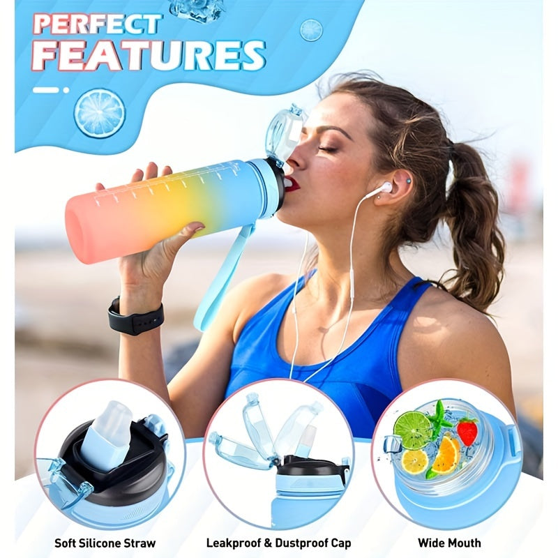 1L BPA-Free Sports Water Bottle with Straw and Time Marker