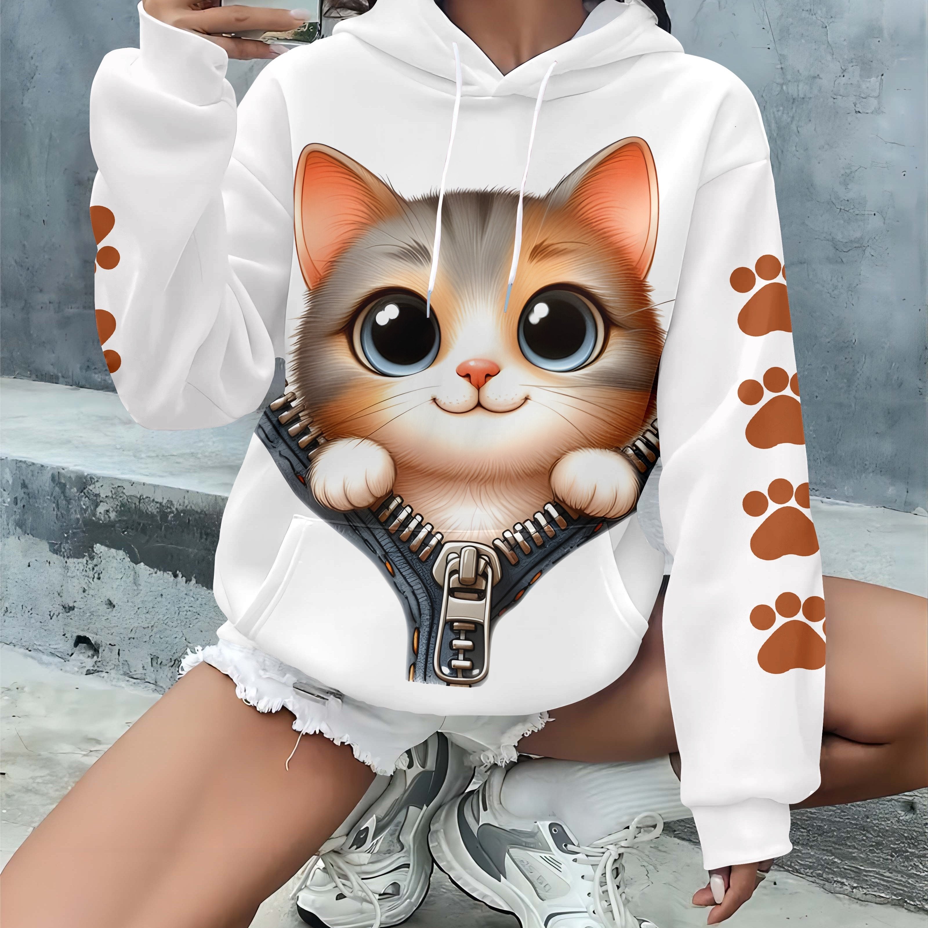 Plus o'lcham Panda bosma chiziqli kapşonli, kundalik uzun qo'l kiyimi, kuz-qish uchun ayollar