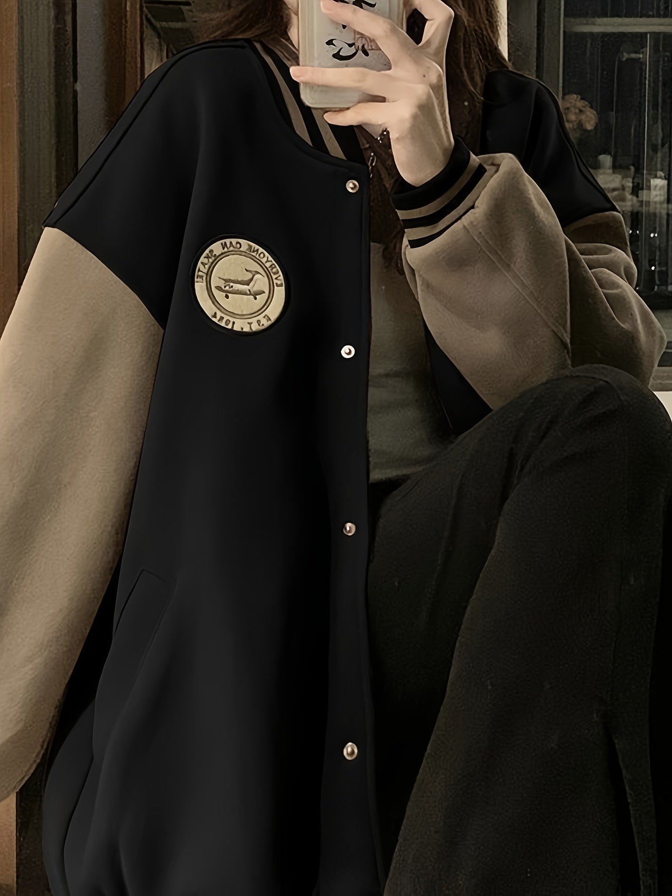 Women's Retro Baseball Jacket Casual Thick Loose Fit Button Polyester Solid