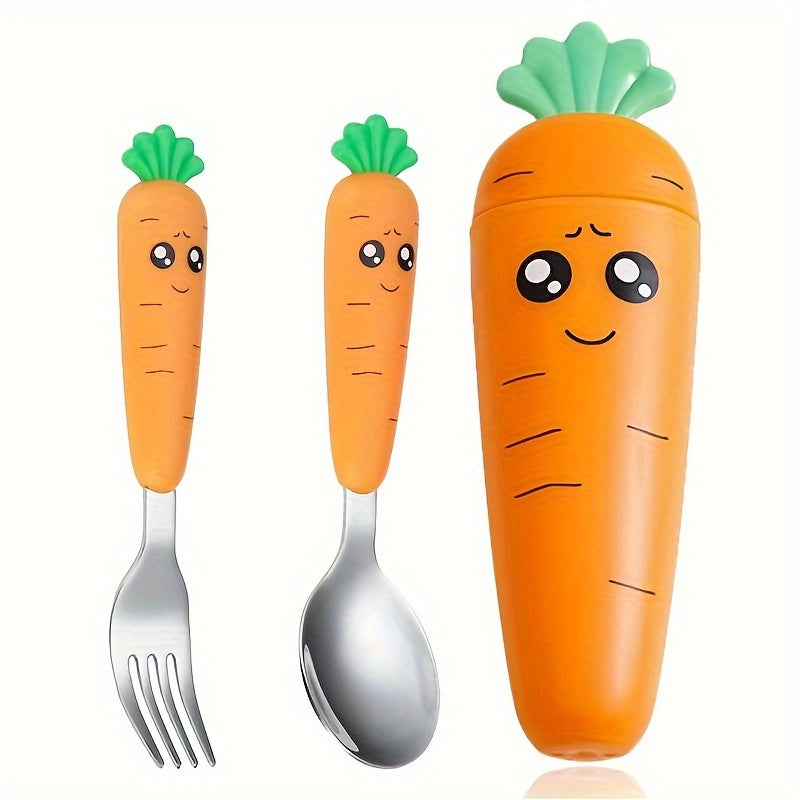 Set of 3 Travel Cutlery Pieces with Carrot Design Case Stainless Steel Spoon Fork BPA-Free Orange