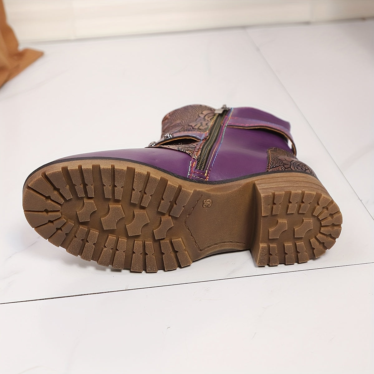 Women's Purple Ankle Boots With Chunky Heel Floral Print All-Season PU Cover