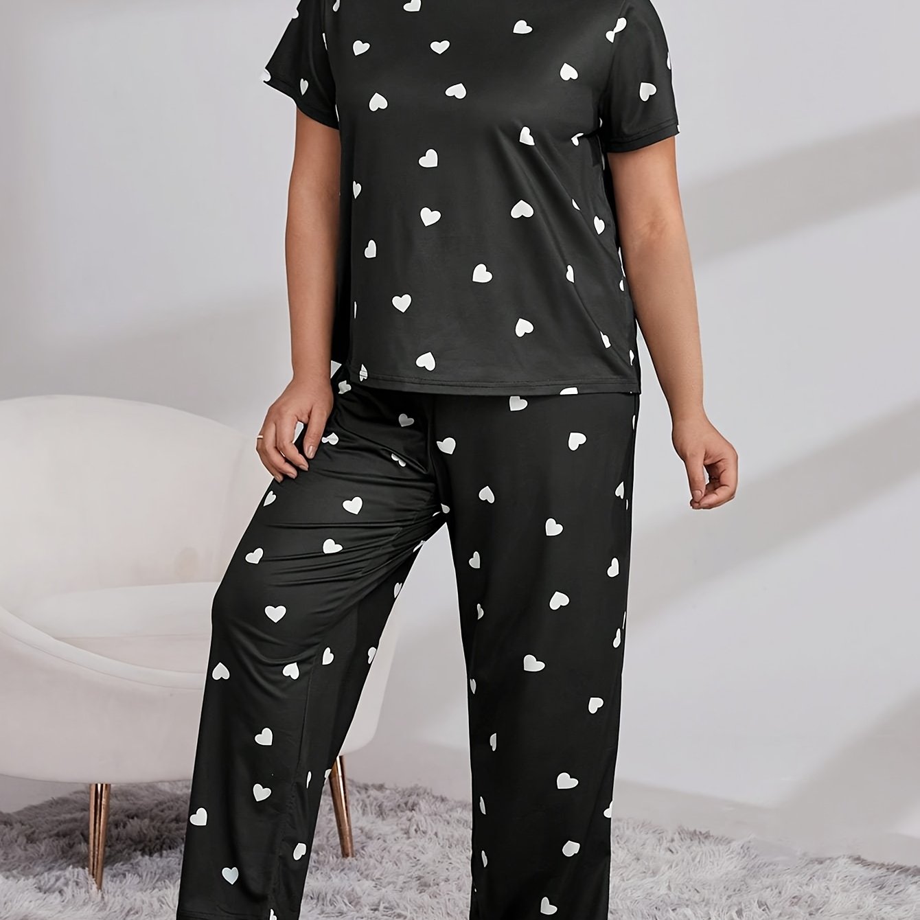 Женский комплект ночной одежды больших размеров с принтом "сердечная волна", короткий рукав, длинные штаны, пижама