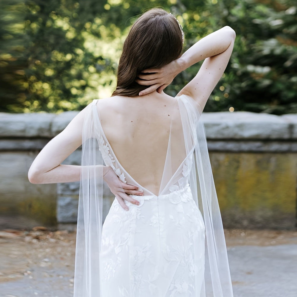 Bridal Wedding Veil Cape Tulle Shawl with Floral Lace Long Sheer Bridal Accessory