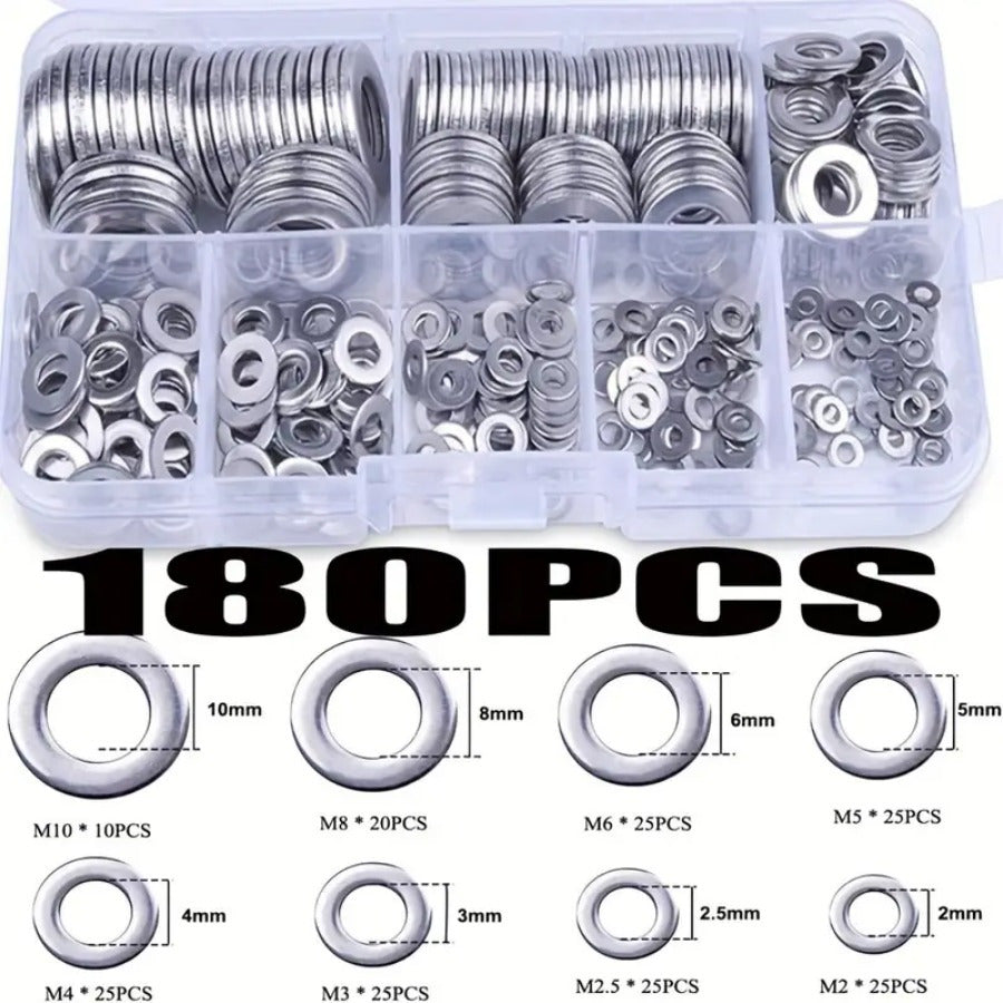 Set of 180 Stainless Steel Washers O-Ring Spacers M2-M10 Durable Fasteners