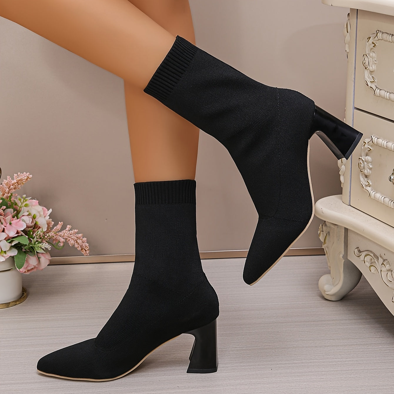 Women's Elastic Ankle Booties All-Season Knit Pointed Toe Block Heels
