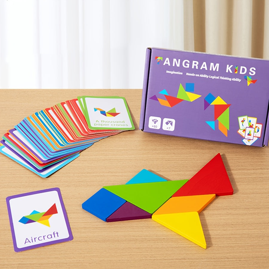 Gran juguete de rompecabezas de tangram de partículas de madera para niños de 3 años en adelante con colores mezclados