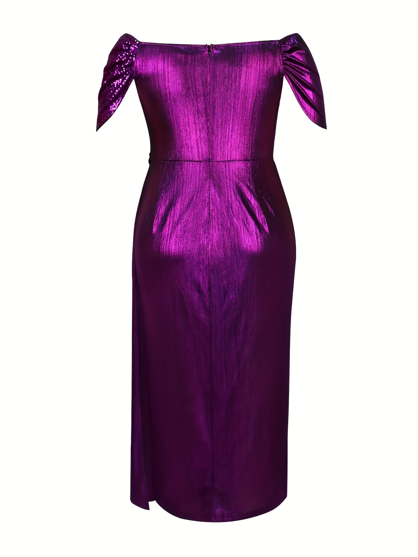 Plus Size Sequin Off-Shoulder Evening Gown Purple High Slit Formal Dress