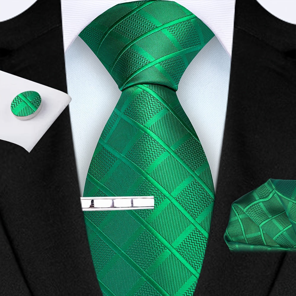 Men's Plaid Tie Set with Square Scarf Cufflinks for Weddings and Parties
