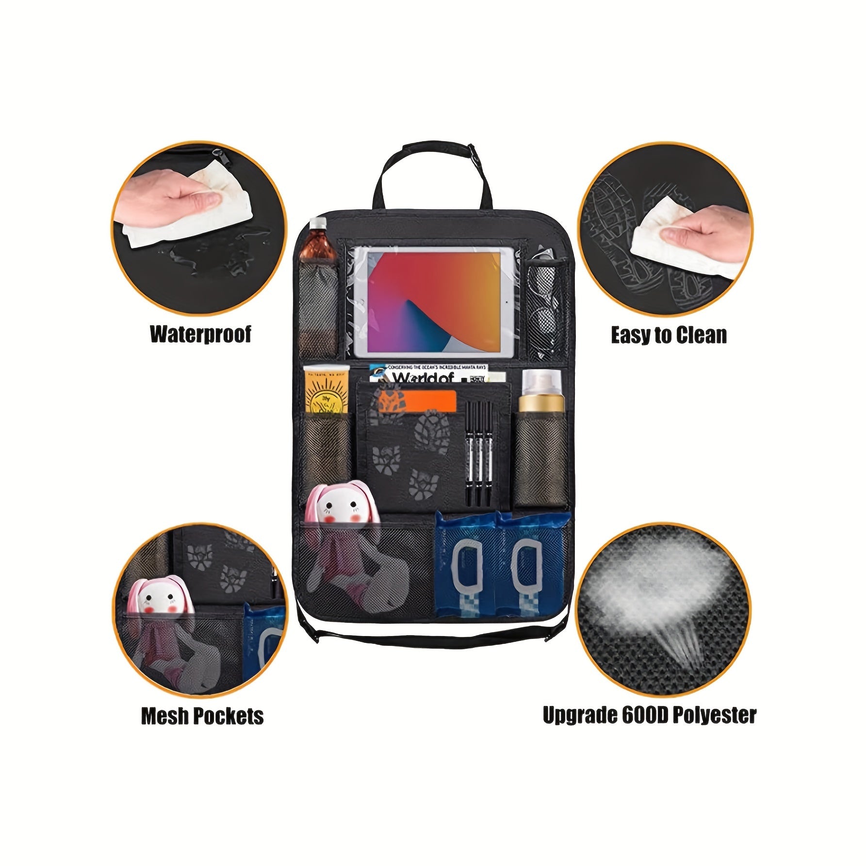 Bolalar orqa o'rindiq uchun planshet tutgichi va tarmoq cho'ntaklari bilan avtomobil o'rindiq tashkilotchisi