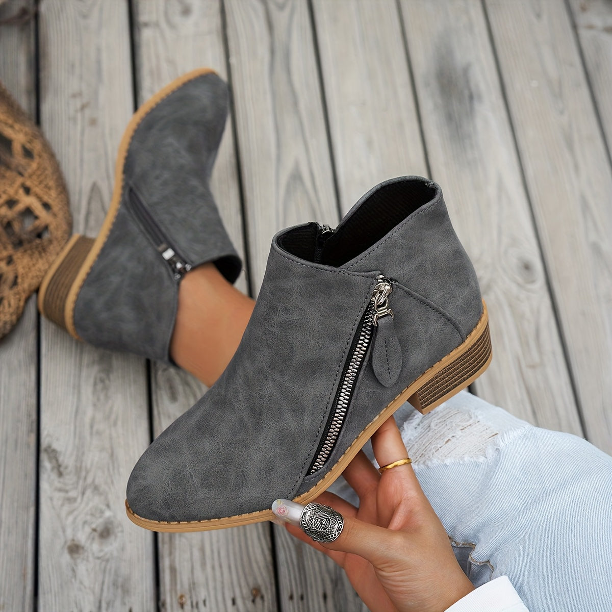 Women's Ankle Boots Pointed Toe Faux Leather Side Zipper All-Season Brown