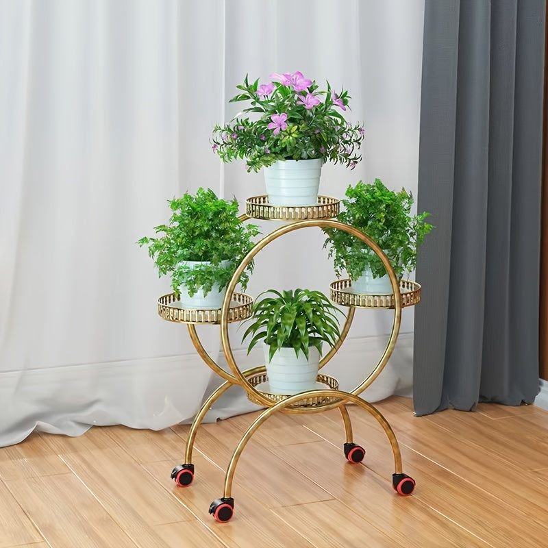 European-Style Metal Hanging Plant Stand with Wheels Multi-Level Indoor Outdoor Circular Design
