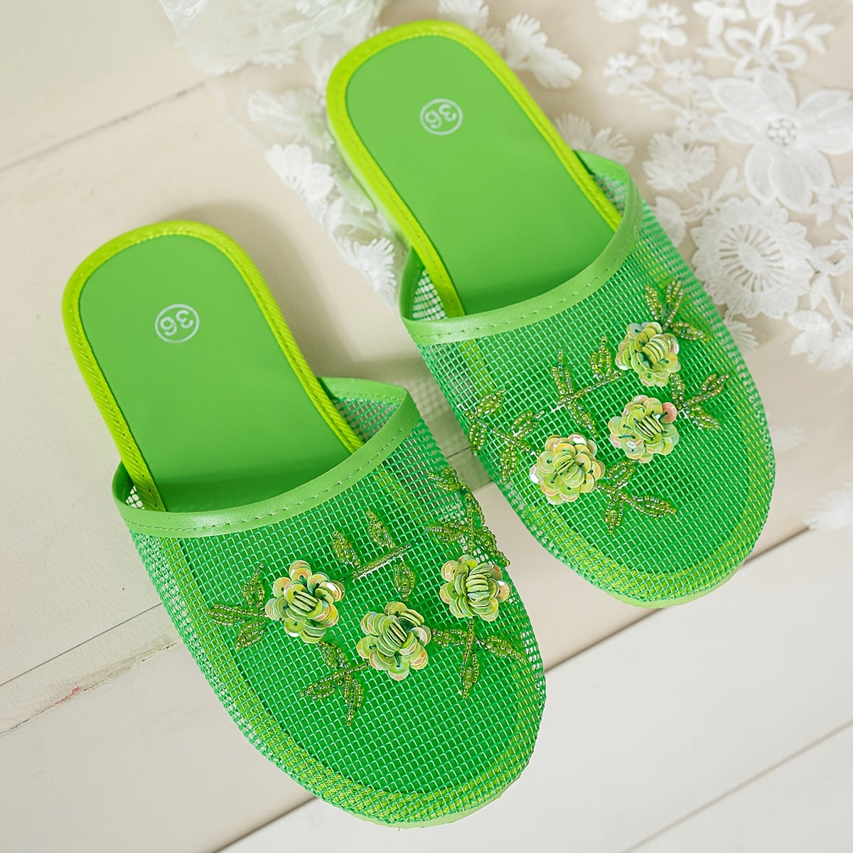 Women's Black Mesh Slide Sandals with Spider Web Pattern Lightweights