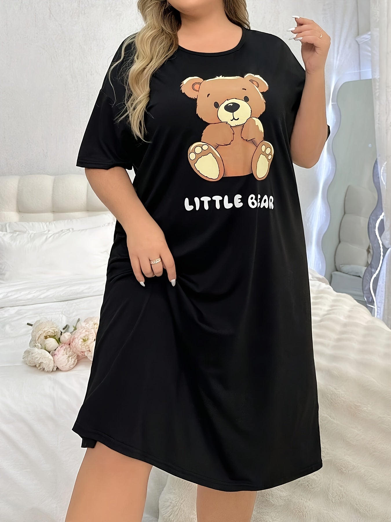 Women's Plus Size Sleep Dress Short Sleeve Cartoon Bear Nightwear