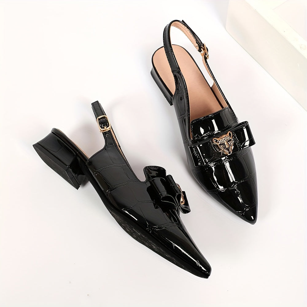 Women's Faux Leather Slingback Heels with Pointed Toe and Chunky Low Heel