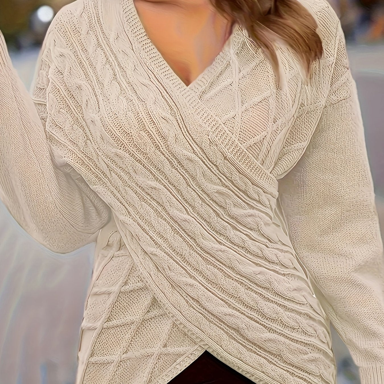 Plus Size Women's Sweater Solid Cable Long Sleeve V Neck Jumper