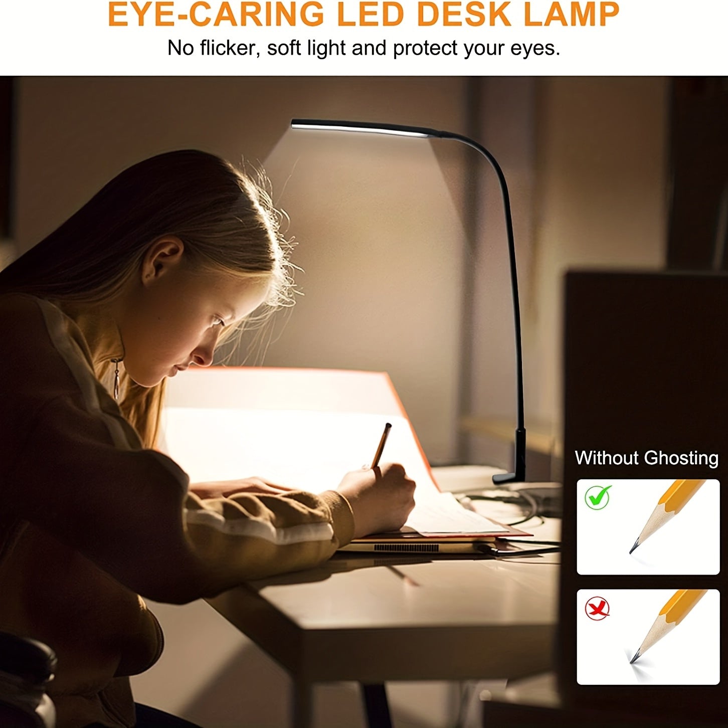 LED Swing Arm Desk Lamp with Clamp, Flexible Gooseneck, Eye-Caring Architect Light, USB Power, Switch, Black or White