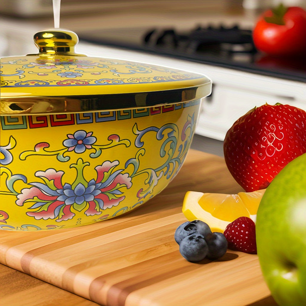Enamel Mixing Bowl with Lid, Large Salad Basin for Kitchen and Dining
