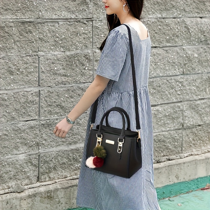 Black PU Handbag with Gold Hardware and Ball Charm for Women Crossbody Shoulder Bag for Travel Casual Use