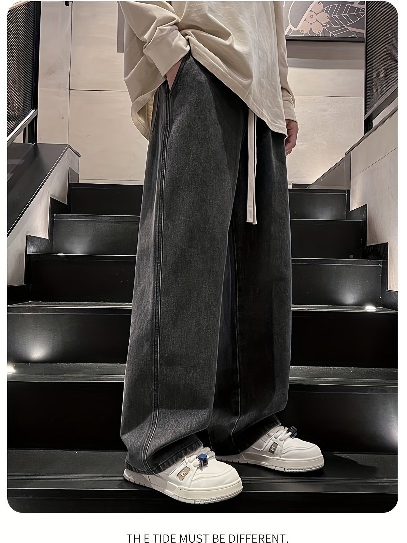 Pantalones vaqueros de color sólido de pierna ancha para hombre, casual y de ocio