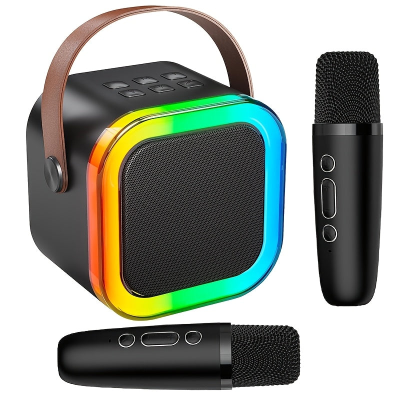 Портативная караоке-машина для взрослых с 2 беспроводными микрофонами, RGB подсветкой, поддержкой TF-карт/USB, упаковкой в подарочной коробке фиолетового/черного цвета. Совместима со всеми смартфонами.