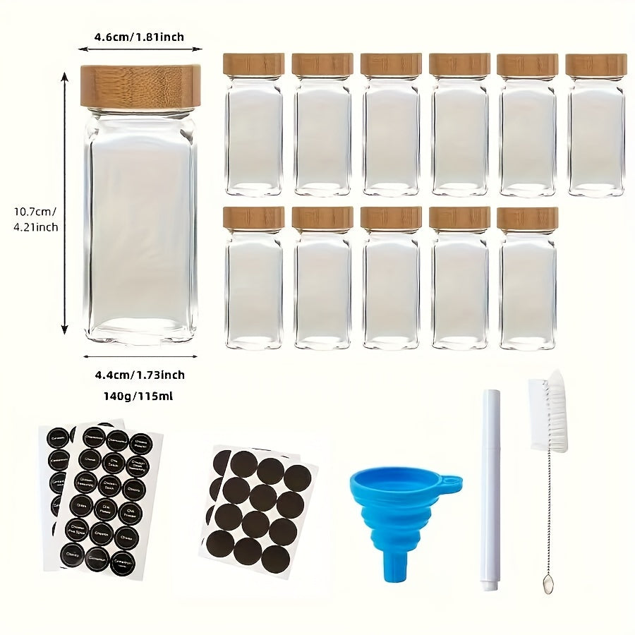 Set of 12 or 24 Glass Spice Bottles with Labels, Airtight Bamboo Lids