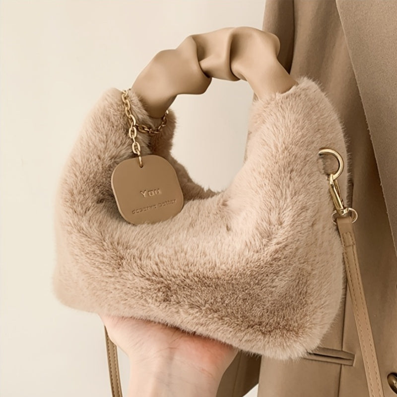 Women's Faux Fur Clutch Bag with Zipper and Top Handles for Autumn Winter Lightweight Black Beige Light Brown Dark Brown