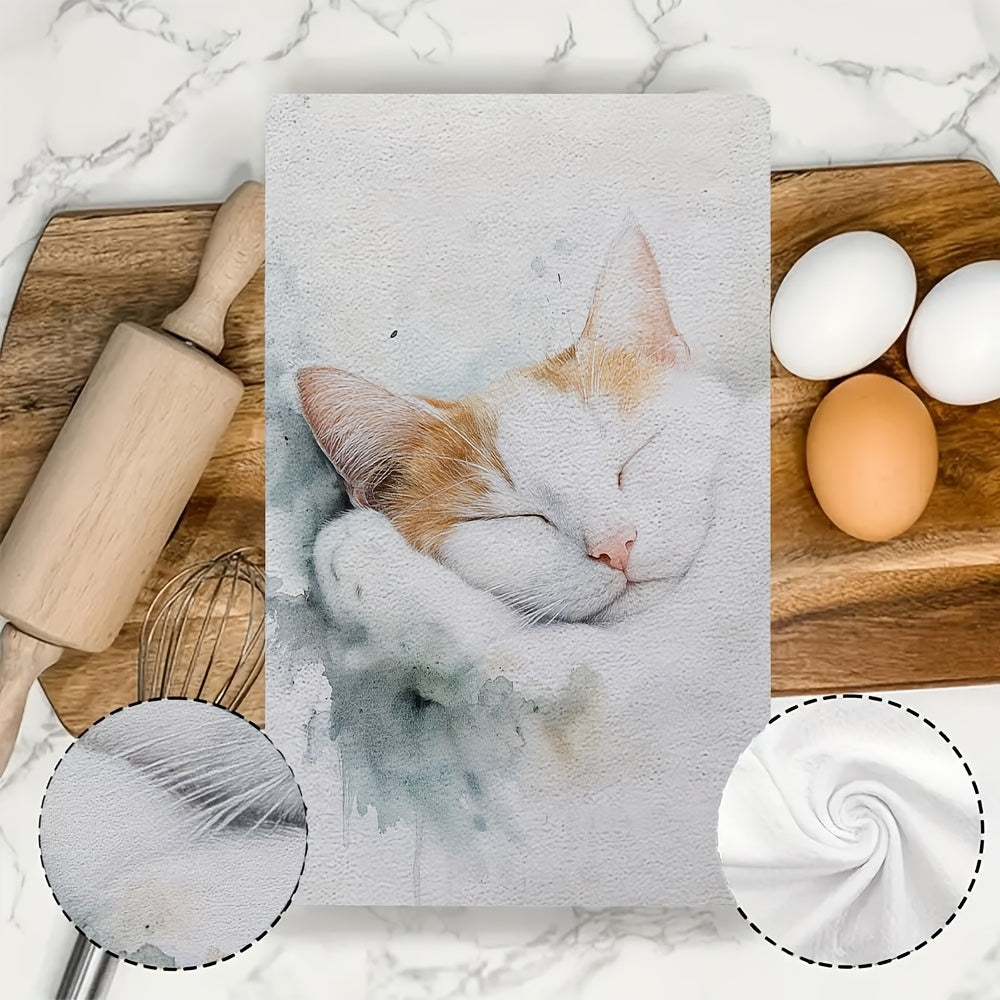Two-Piece Soft Kitchen Towels Watercolor Cat Design Highly Absorbent Machine Washable
