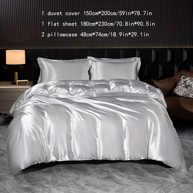 Luxurious Satin Bedding Set 4-Piece Zipper Closure Solid Color for Home Guest Hotel
