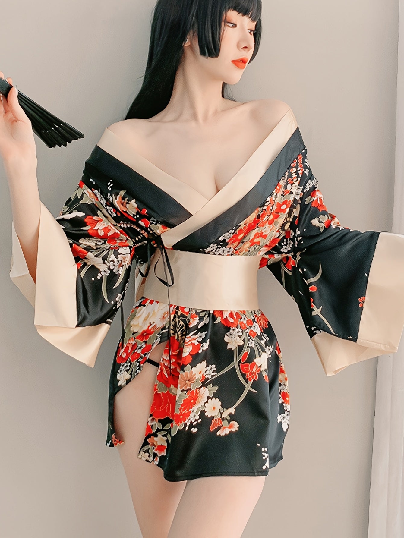 Kimono de satén floral para mujer para lencería y juegos de roles