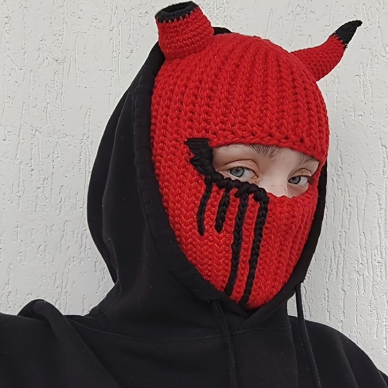 Striped Knit Balaclava with Blood Stains and Horns for Halloween and Costume Parties
