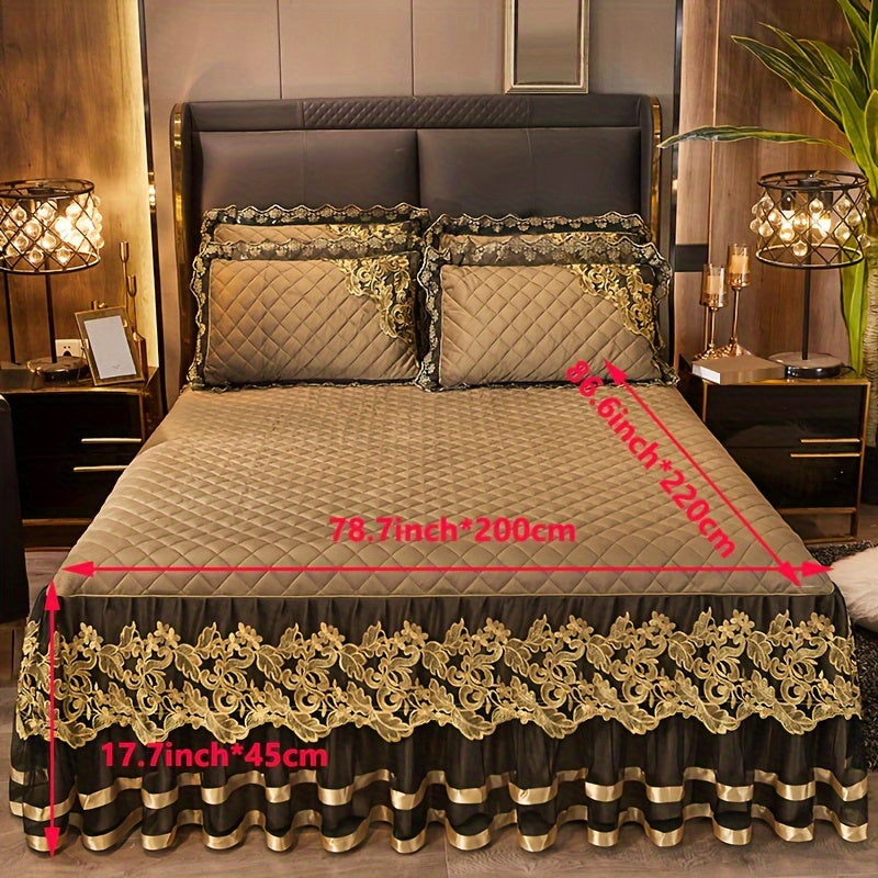 Solid Color Bed Skirt and Pillowcase Set with Lace Detail Quilted Ruffled Design