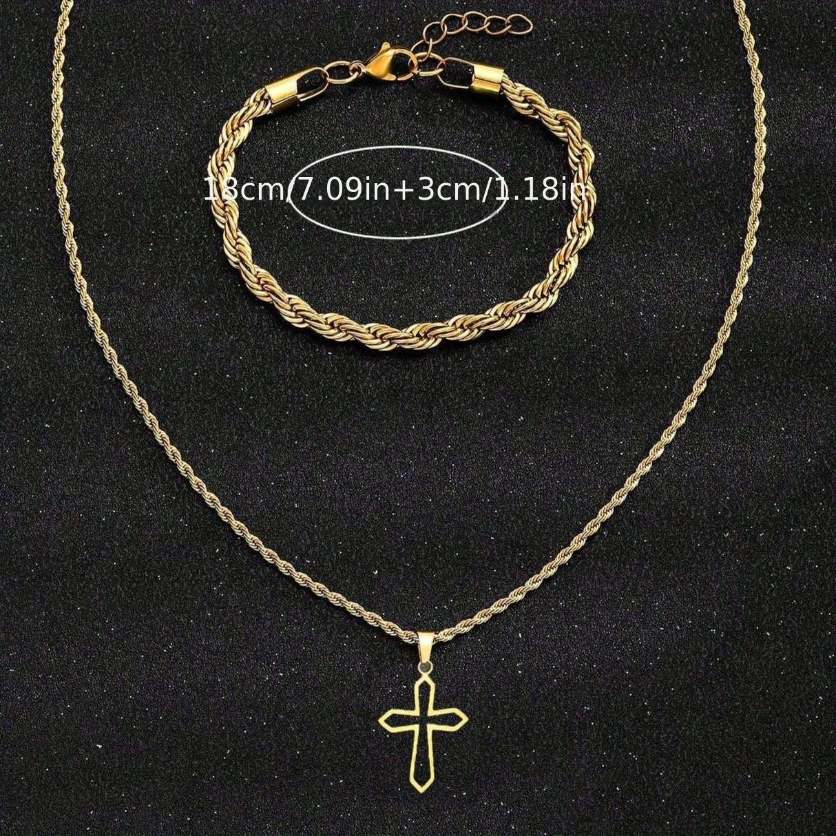 Conjunto de joyería bohemia: collar con colgante cruz y pulsera, plateados en oro de 18K, acero inoxidable hipoalergénico para bodas, fiestas y uso diario