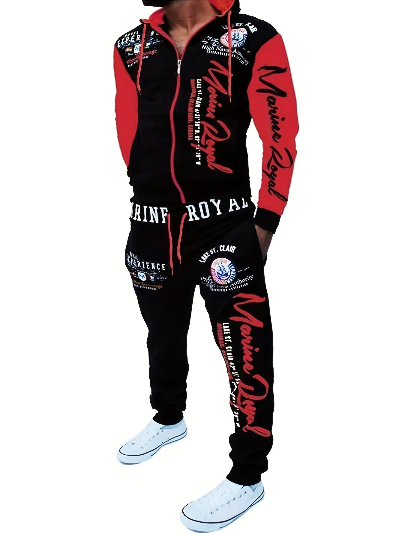 Men's Polyester Hooded Tracksuit Set with Print Pattern and Elastic Waistband