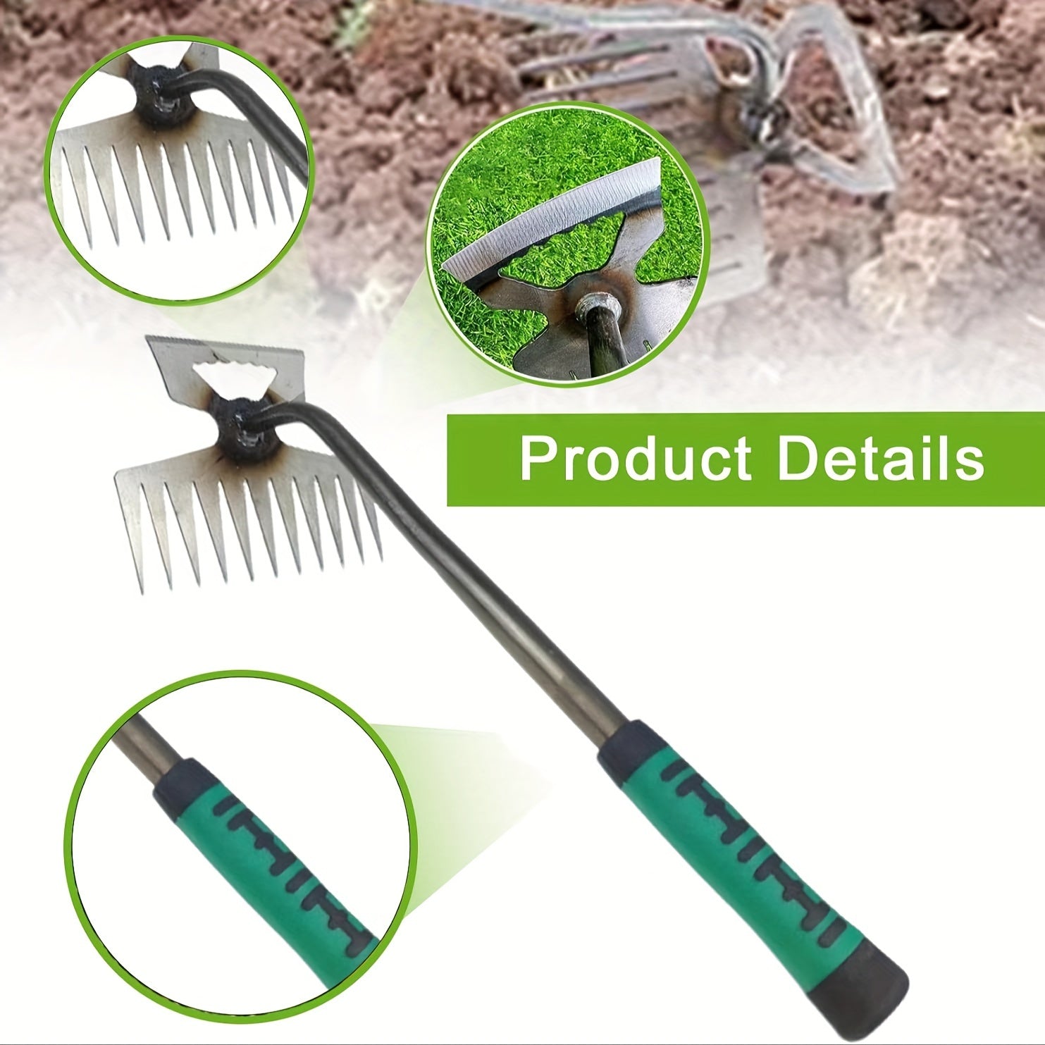 Manual Garden Weeder Tool with 11 Tine Manganese Steel Ergonomic Handle for Lawn and Garden