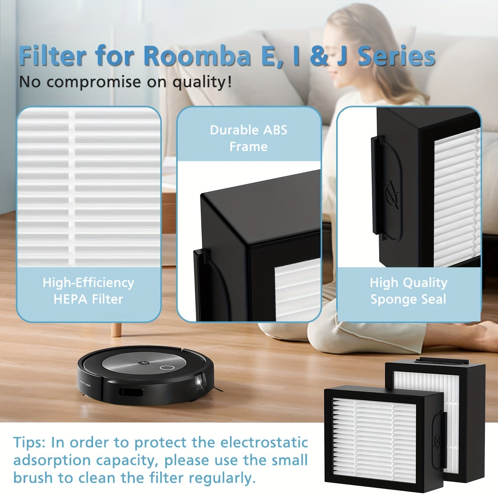 Irobot Roomba seriyasining E5, E6, E7, I3, I4, I6, I7, I8, J7, J7+, J7+ modellari bilan mos keladigan HEPA filtrlar, o'lchamlari 5 sm/1.97 dyuym x 6.5 sm/2.5 dyuym.