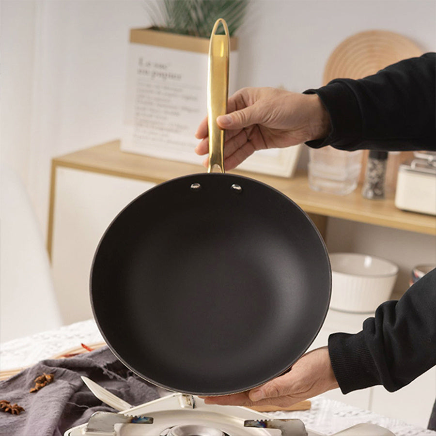 Flat-Bottomed Wok with Golden Handle for Chinese Cooking on Electric and Gas Stoves Dishwasher Safe Kitchen Cookware