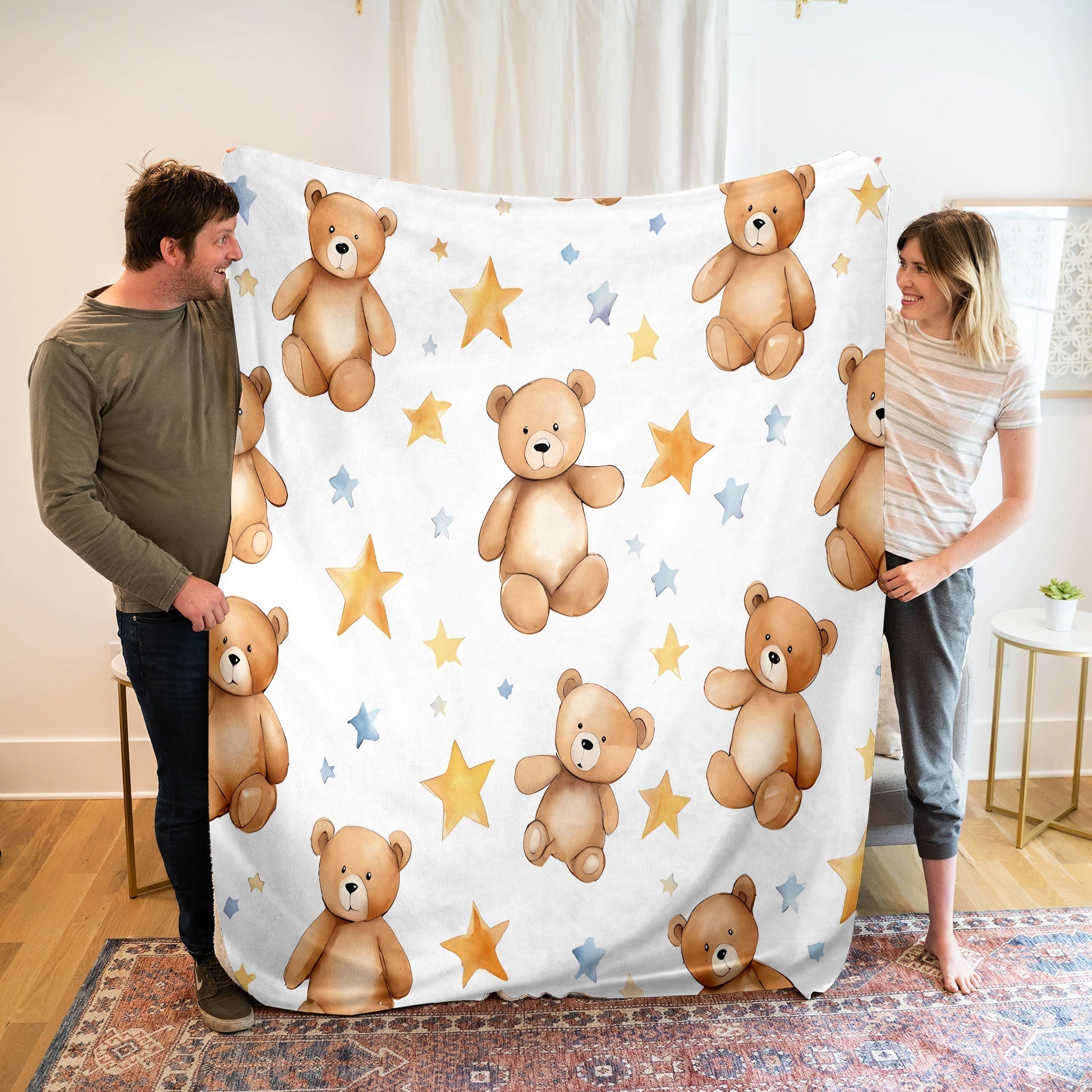 Cartoon Bear Printed Flannel Fleece Throw Blanket Soft Cozy All-Season Gift