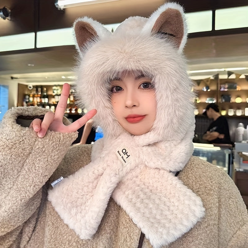 Plush Fox Ear Hat Scarf with Thick Neck Gaiter Winter Warmth Ear Protection