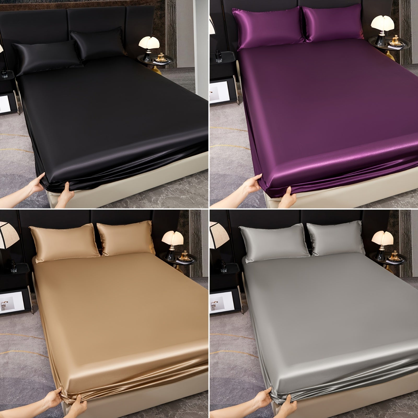 Juego de ropa de cama de satén con sábana ajustable y fundas de almohada de color sólido 80g