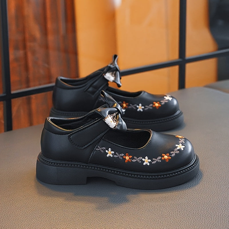 Girls' Mary Jane Shoes Fall 2024 Floral Embroidery Bow Non-Slip Rubber Sole