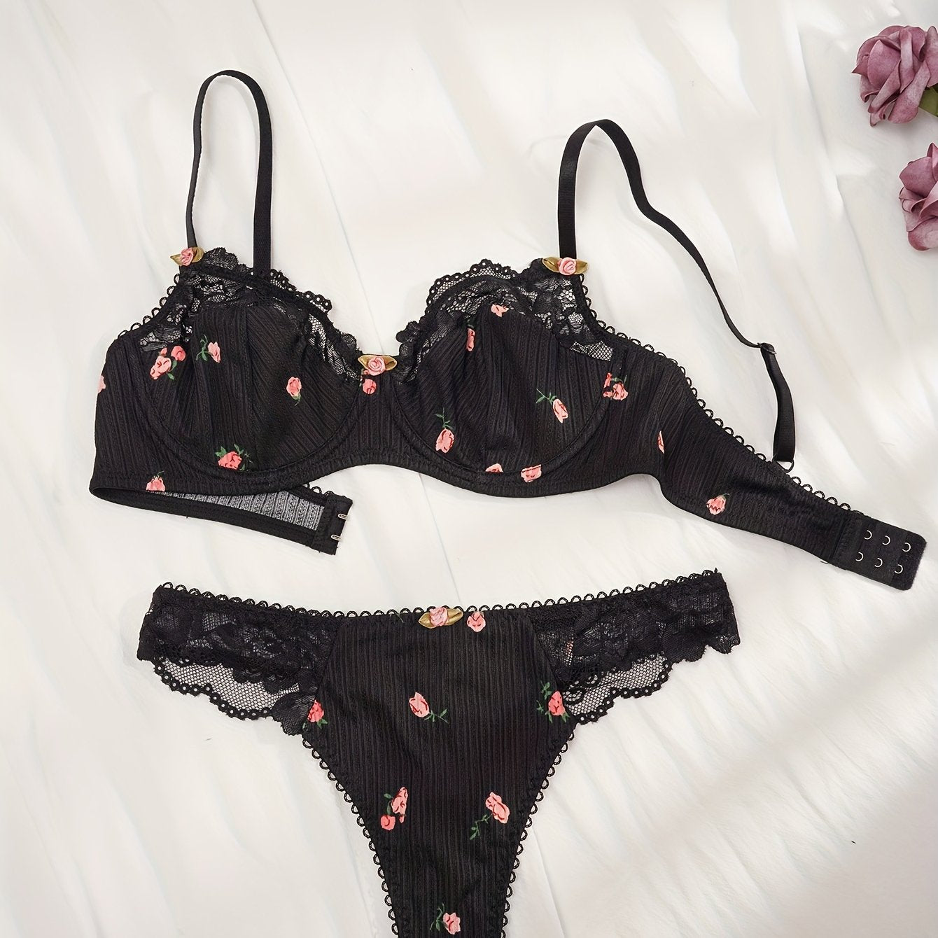 Women's Floral Print Lace Push-Up Bra Set with Thong Lingerie