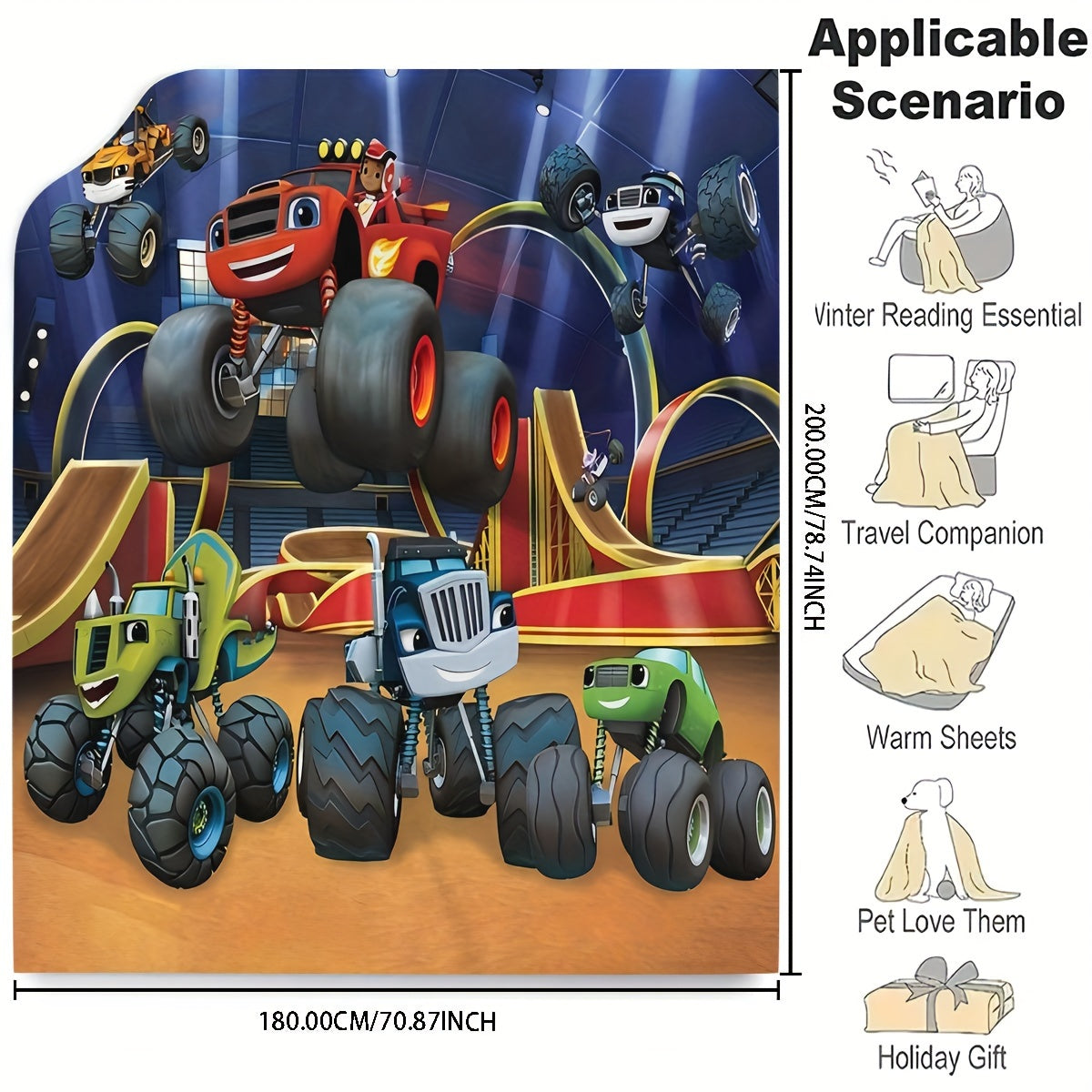 Monster Truck Flannel Fleece Throw Blanket Cartoon Design Hypoallergenic Easy to Clean Versatile Bedding