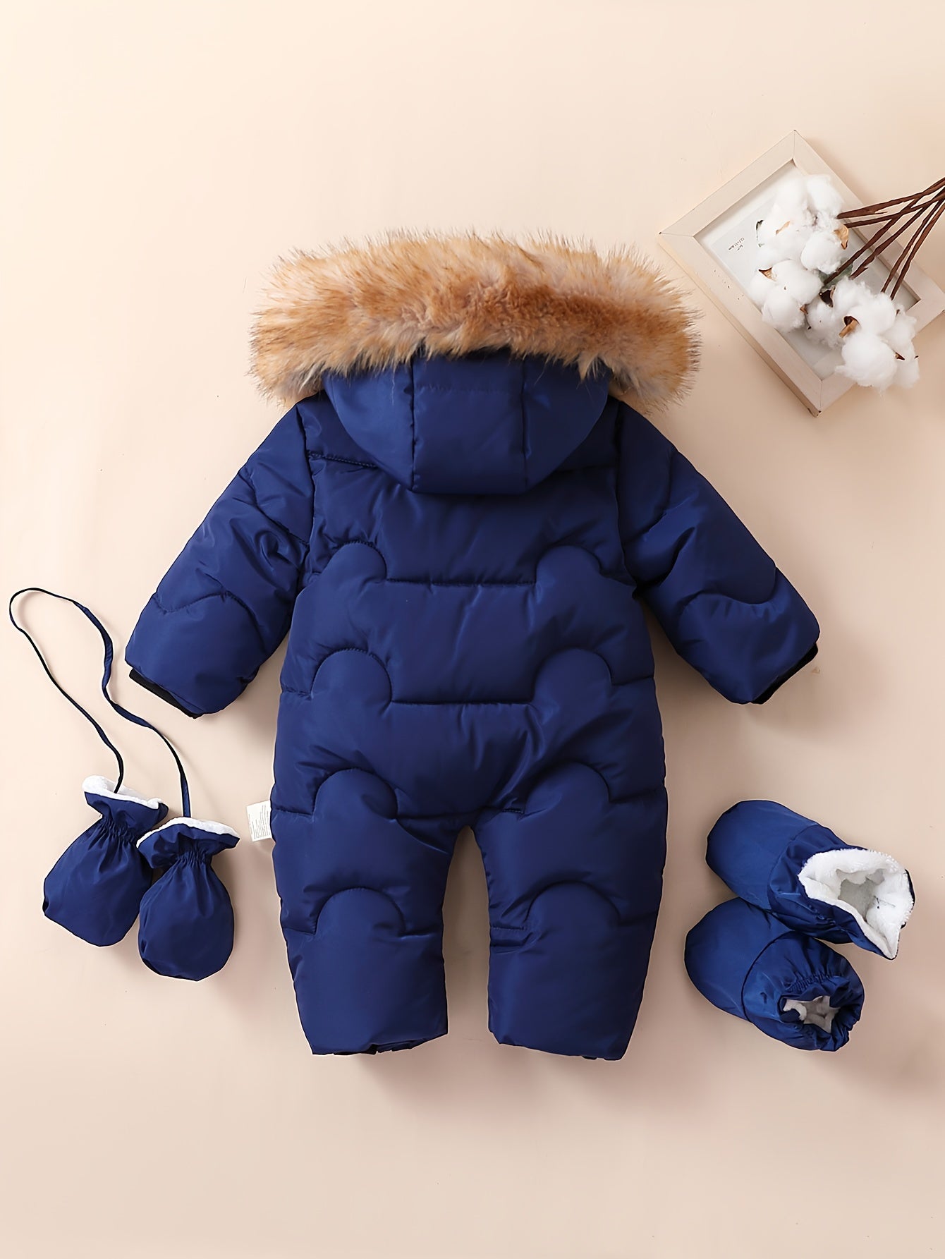 Baby Boys Winter Jumpsuit with Hood Faux Fur Trim Fleece Lining Mittens and Booties