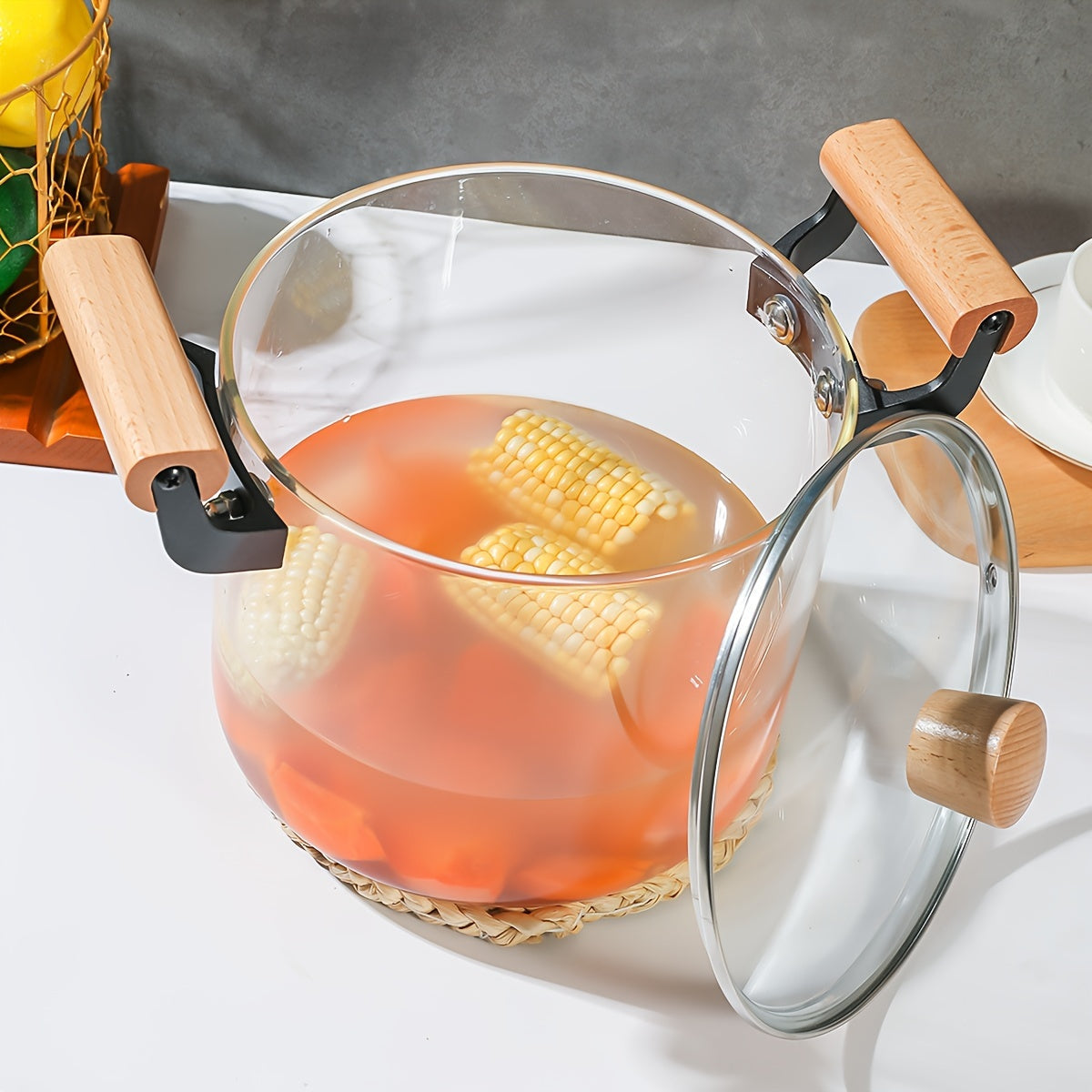 Glass Saucepan with Lid 4.5L Borosilicate Dual Wooden Handles for Soup and Noodles