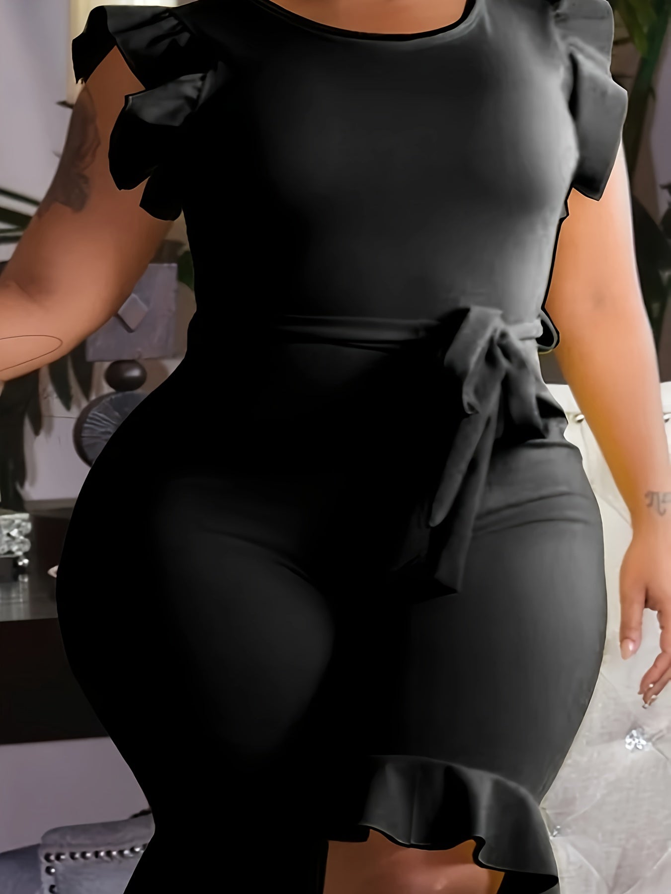 Women's Black Ruffled Sleeve Waist Tie Jumpsuit Solid Style All Season