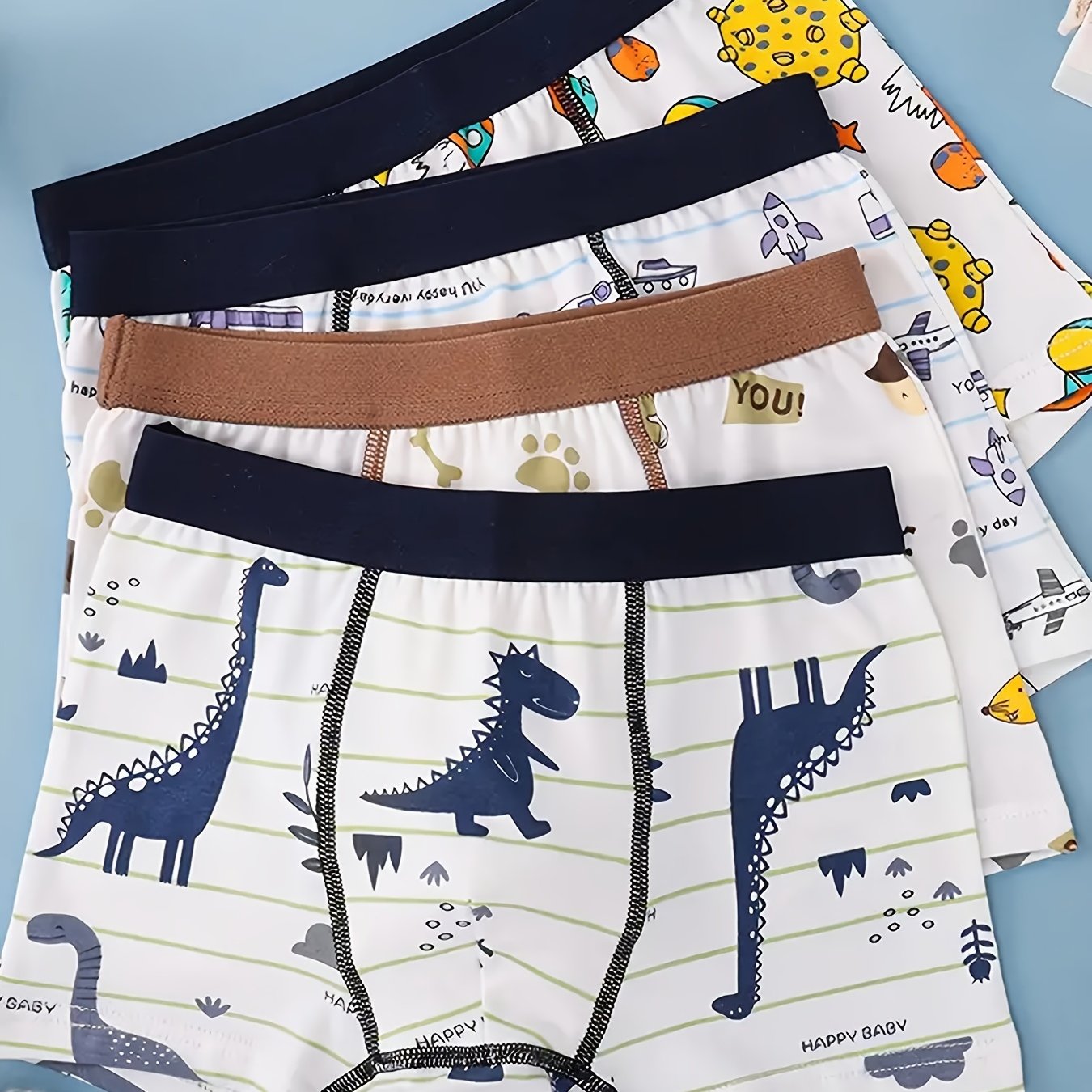 Set of 4 Boys' Cotton Boxer Briefs with Cartoon Animal and Dinosaur Prints, Breathable and Stretchy