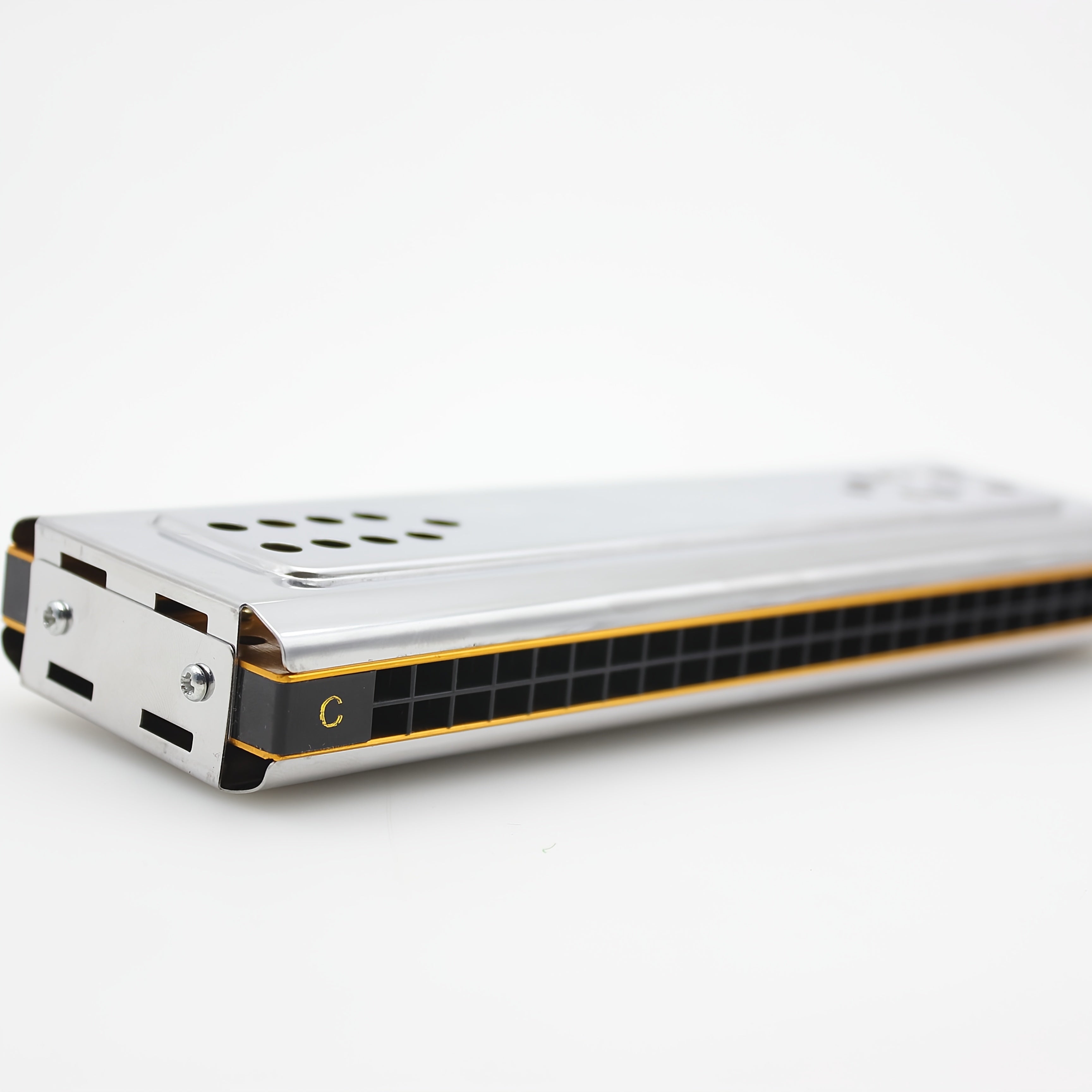 24-Hole Polyphonic Harmonica C and G Key Metal Polished Silver Grey with Box and Cleaning Cloth