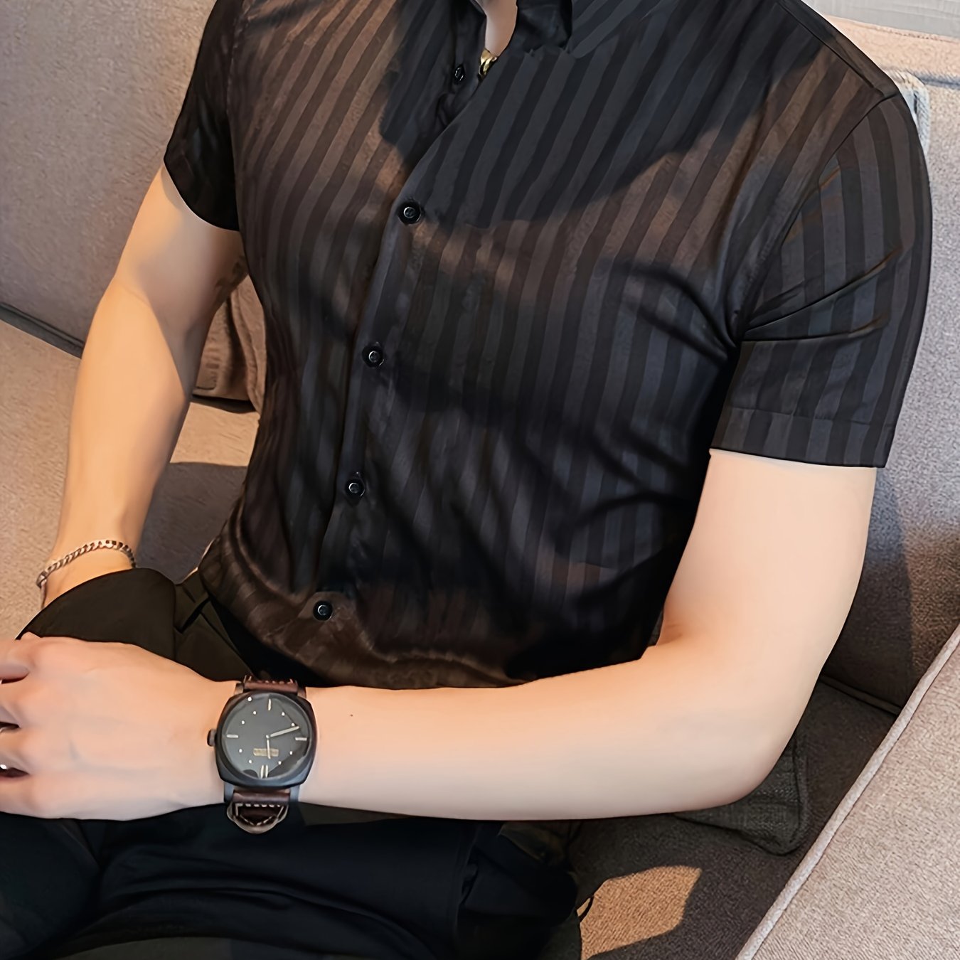 Men's Summer Striped Business Shirt Short Sleeve Regular Fit Polyester Elastane Lightweight Workwear